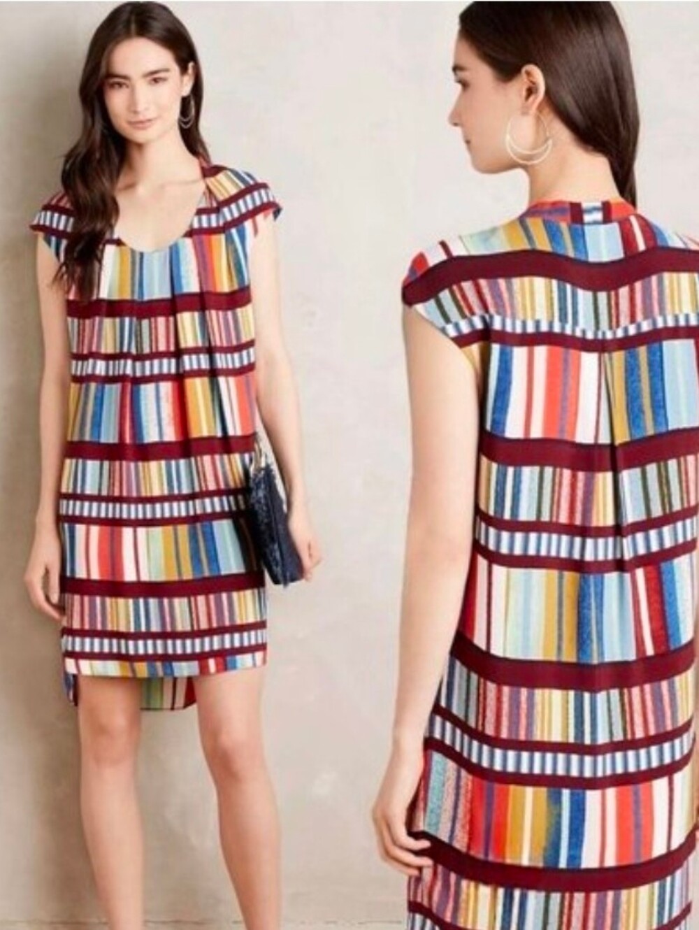 Maeve Multicolor Striped Mini Dress with Burgundy Bands